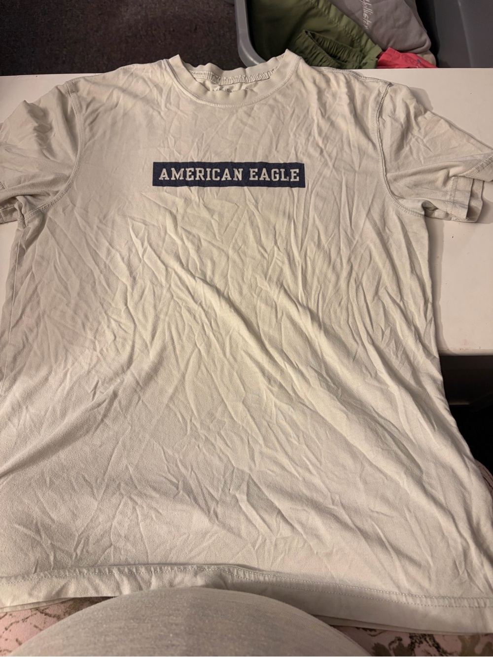 American Eagle Outfitters Cream Short Sleeve Logo Tee with Navy Print